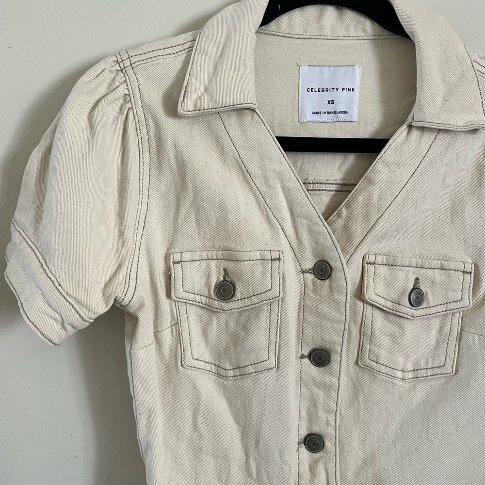 Celebrity Pink Cream Button Down Shirt Puff Sleeves